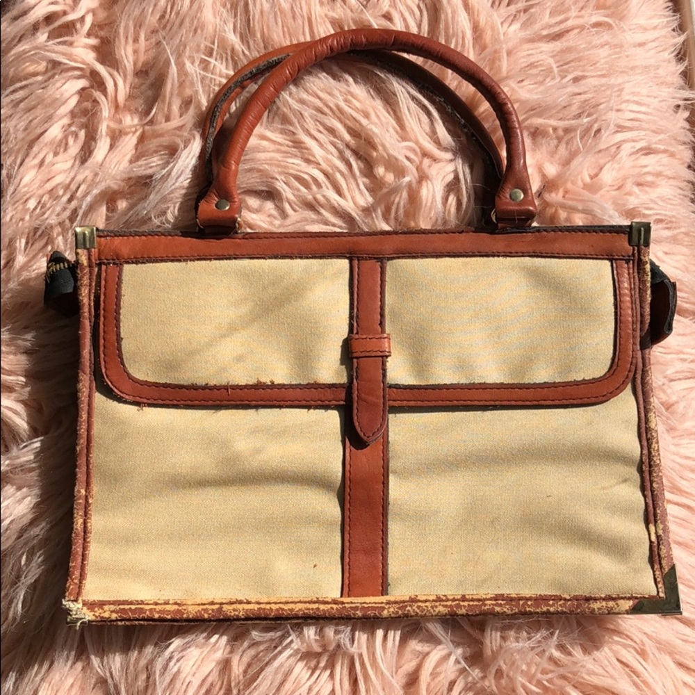 Vintage Tan Canvas Brown Leather Envelope Handbag
